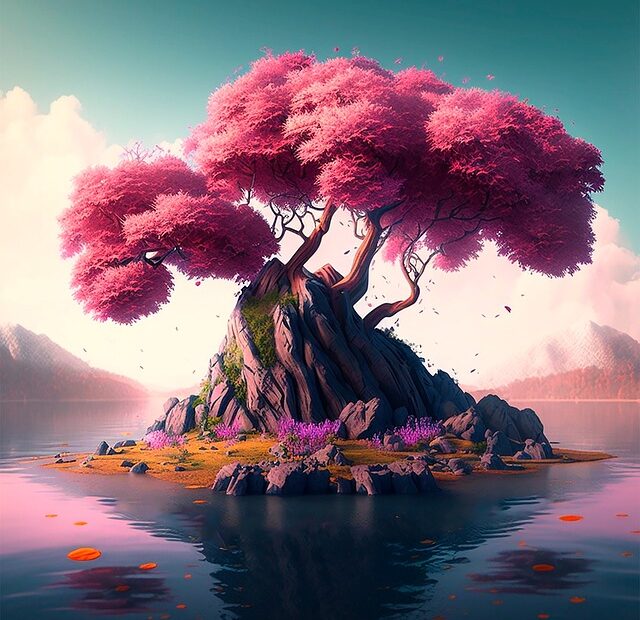 ai generated sakura fantasy tree nature island